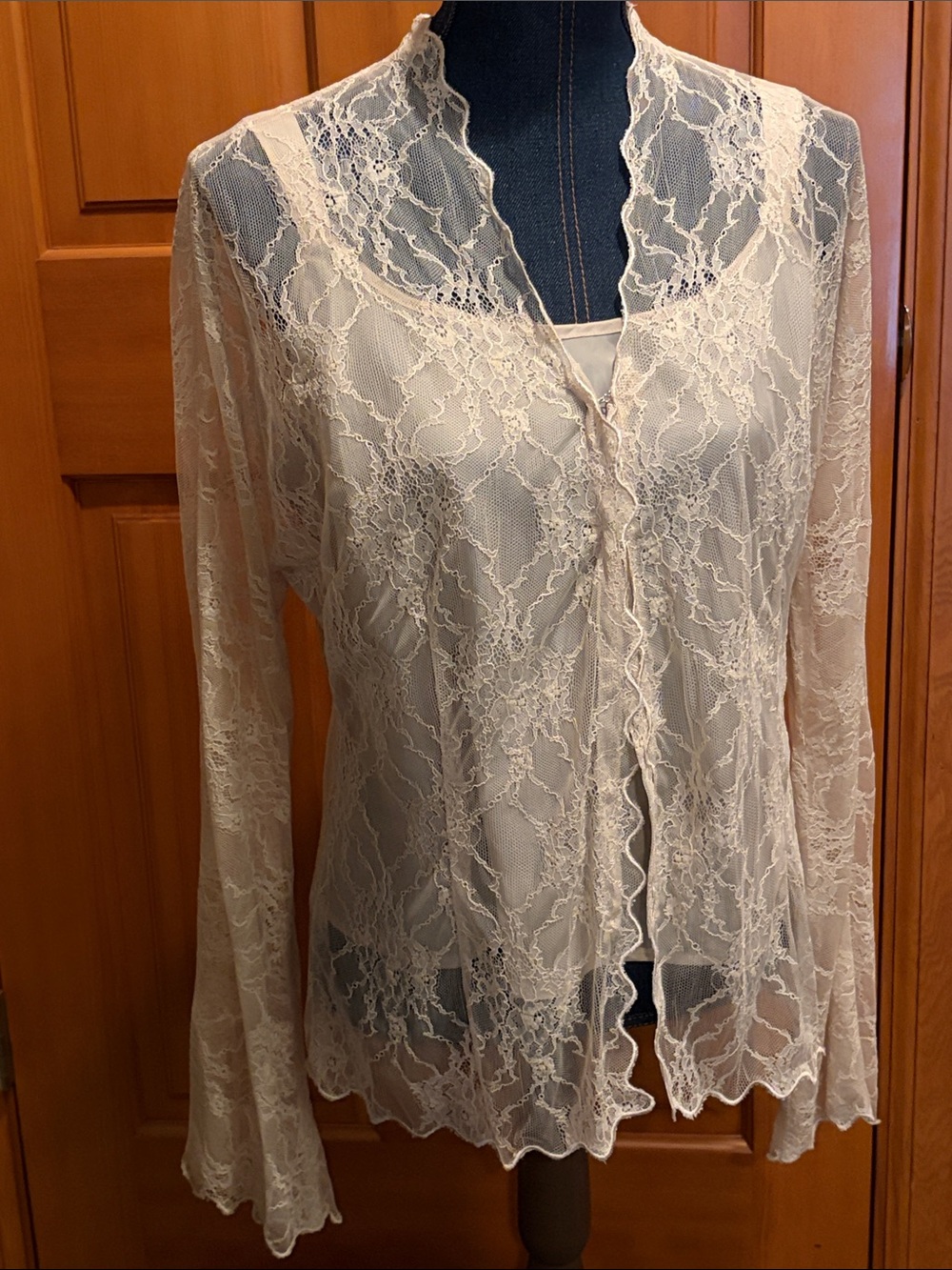 Pamela Dennis Lace Sheer Long-Sleeve Cardigan in Cream (Camisole included)